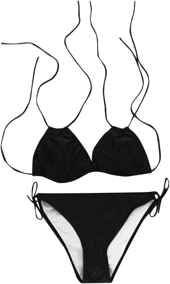 Womens Plus Size Triangle Bikibi Sets 2 Piece Double Straps Halter Swimsuits Sexy Side Tie String Bathing Suits