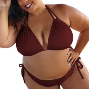 Womens Plus Size Triangle Bikibi Sets 2 Piece Double Straps Halter Swimsuits Sexy Side Tie String Bathing Suits