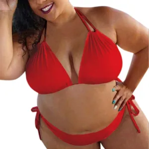 Womens Plus Size Triangle Bikibi Sets 2 Piece Double Straps Halter Swimsuits Sexy Side Tie String Bathing Suits