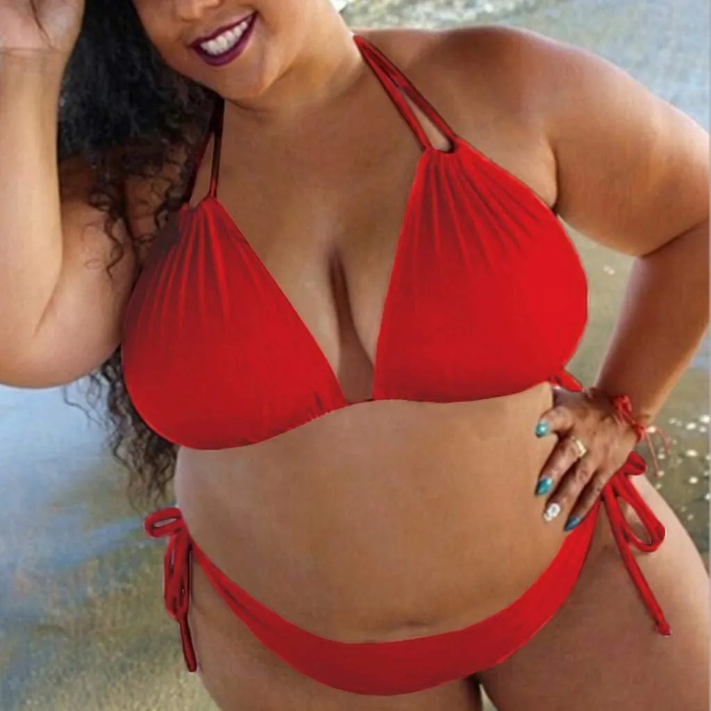 Womens Plus Size Triangle Bikibi Sets 2 Piece Double Straps Halter Swimsuits Sexy Side Tie String Bathing Suits