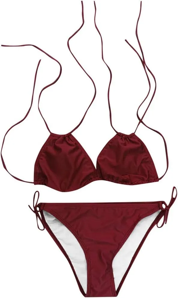 Womens Plus Size Triangle Bikibi Sets 2 Piece Double Straps Halter Swimsuits Sexy Side Tie String Bathing Suits