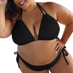 Womens Plus Size Triangle Bikibi Sets 2 Piece Double Straps Halter Swimsuits Sexy Side Tie String Bathing Suits