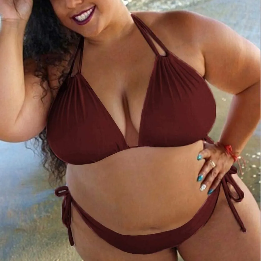 Womens Plus Size Triangle Bikibi Sets 2 Piece Double Straps Halter Swimsuits Sexy Side Tie String Bathing Suits