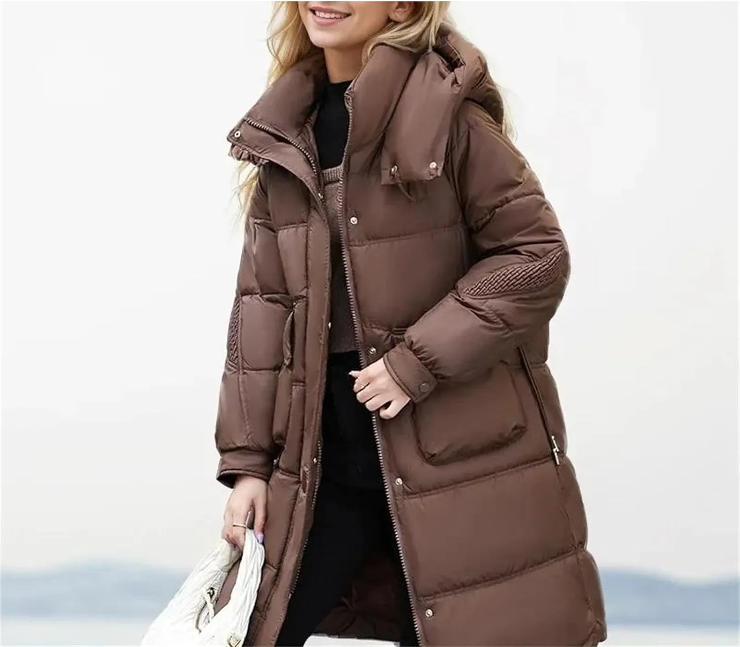 Women's Pockets Medium-Length Parka Coat Classic Hooded Pleats Warm Cotton-Padded Jacket