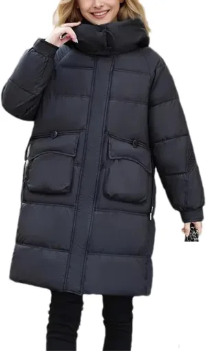 Women's Pockets Medium-Length Parka Coat Classic Hooded Pleats Warm Cotton-Padded Jacket
