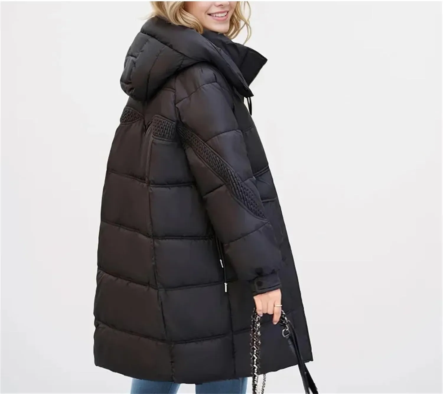 Women's Pockets Medium-Length Parka Coat Classic Hooded Pleats Warm Cotton-Padded Jacket