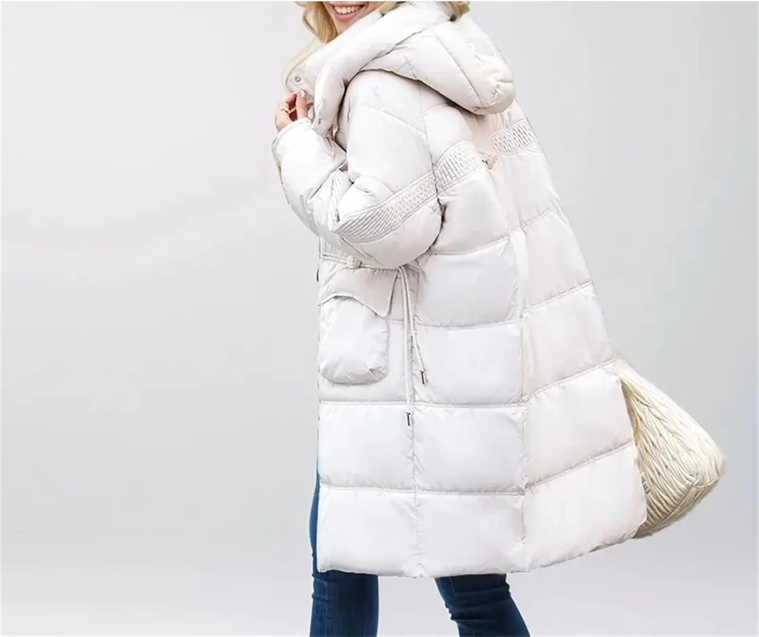 Women's Pockets Medium-Length Parka Coat Classic Hooded Pleats Warm Cotton-Padded Jacket