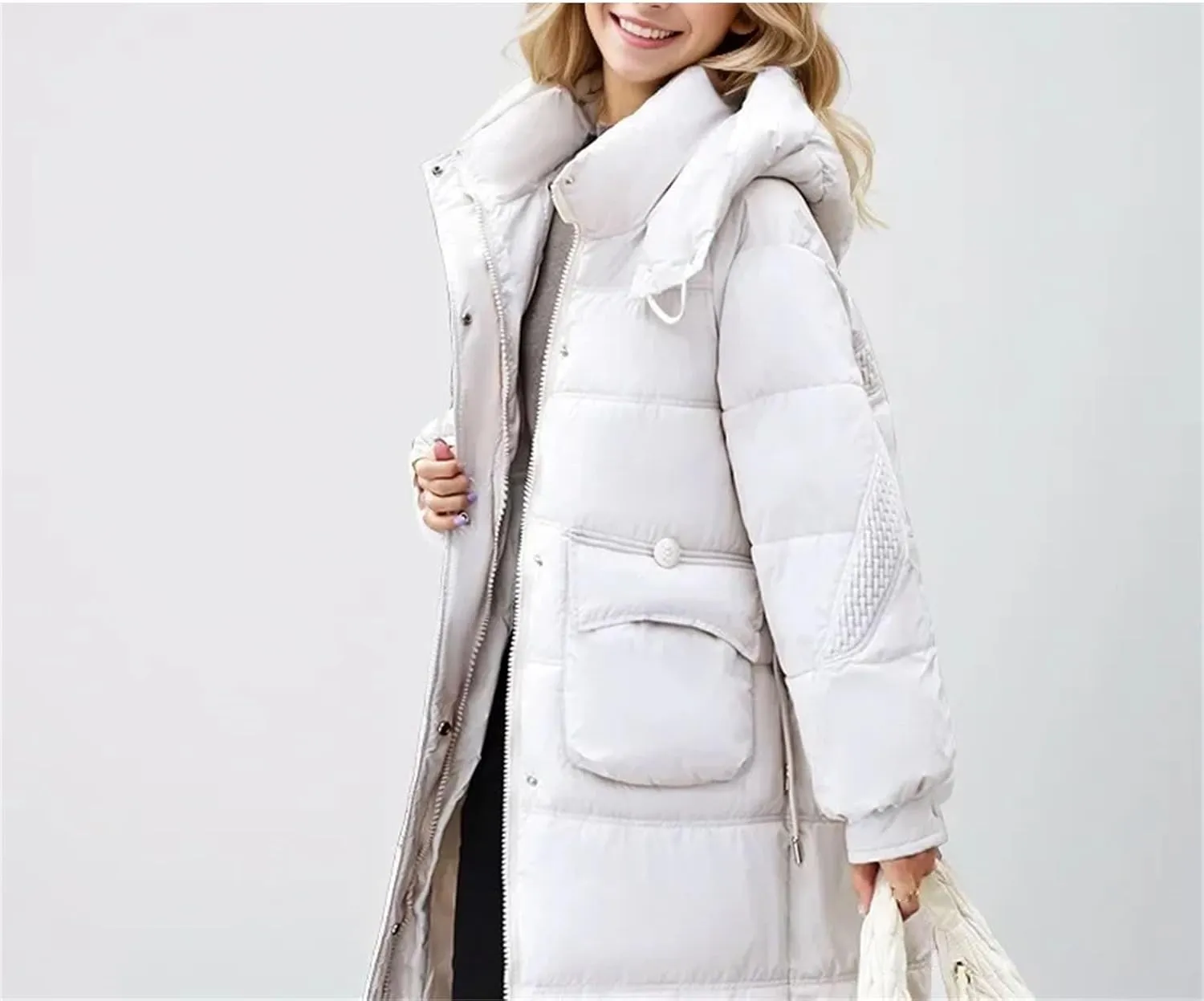 Women's Pockets Medium-Length Parka Coat Classic Hooded Pleats Warm Cotton-Padded Jacket