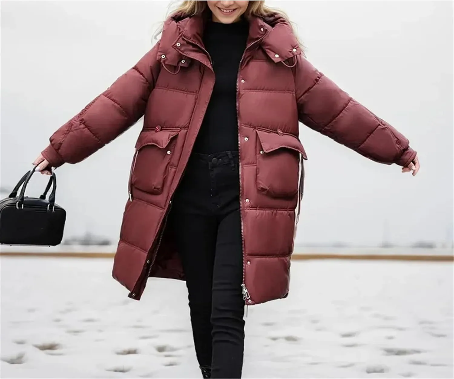 Women's Pockets Medium-Length Parka Coat Classic Hooded Pleats Warm Cotton-Padded Jacket