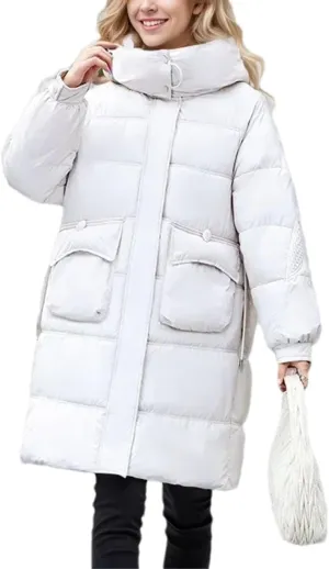 Women's Pockets Medium-Length Parka Coat Classic Hooded Pleats Warm Cotton-Padded Jacket