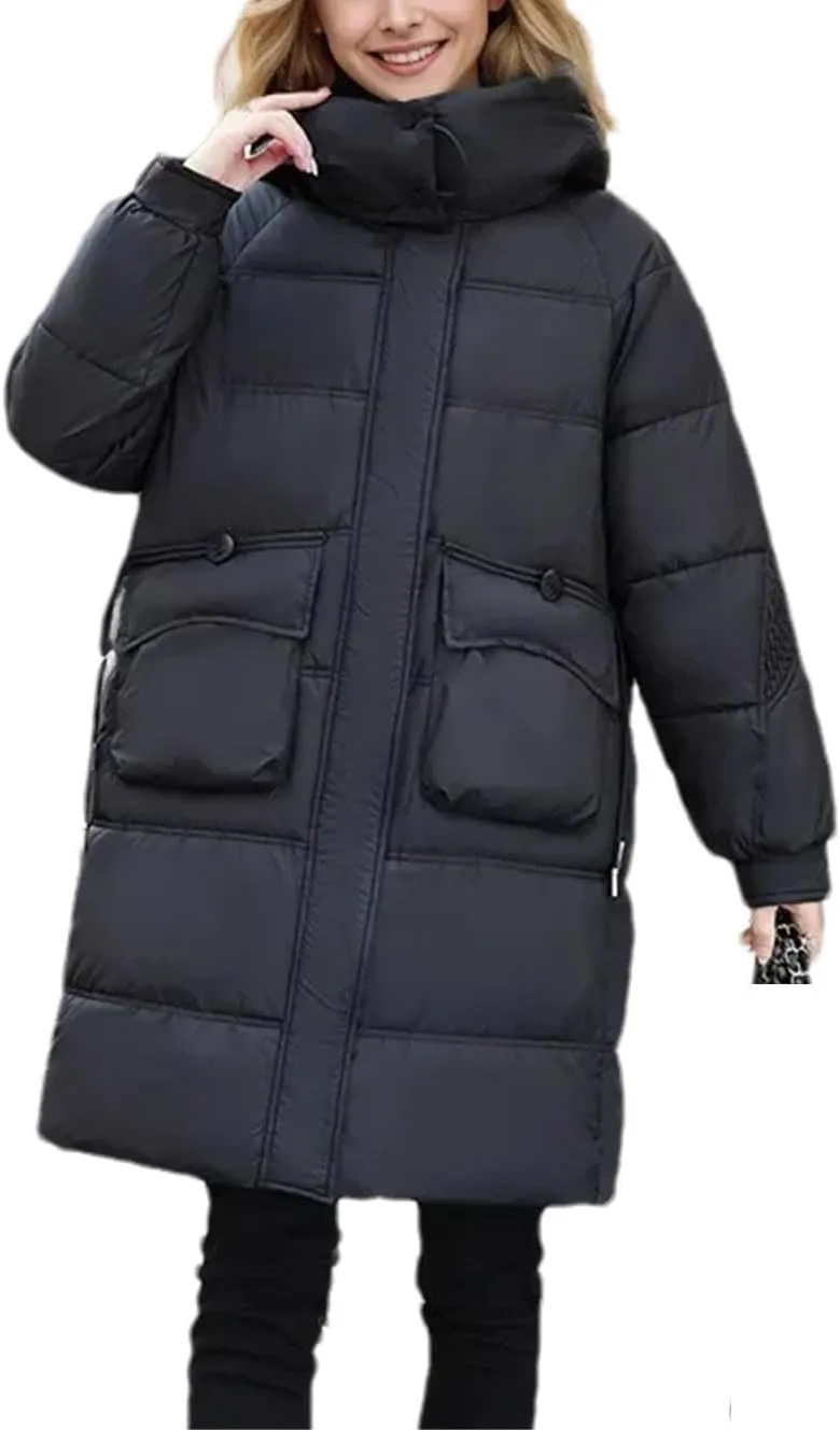 Women's Pockets Medium-Length Parka Coat Classic Hooded Pleats Warm Cotton-Padded Jacket