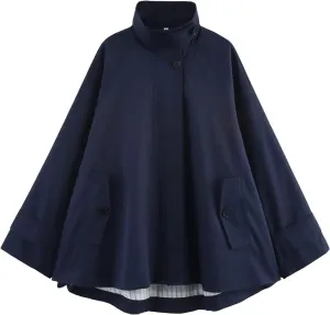 Womens Short Cape Trench Coats Zippered Long Sleeve Stand Collar Oversized Fall Short Trench Jacket with Pockets