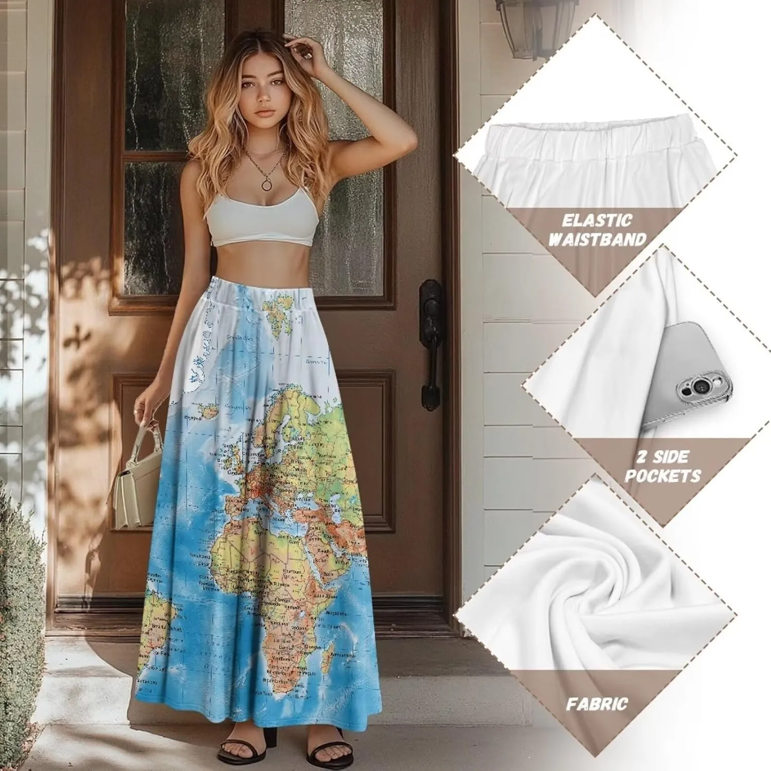 Womens Skirt Elastic High Waist A-Line Skirts for Dance Girls Soft Daily Wear Flowy Maxi Long Skirts for School