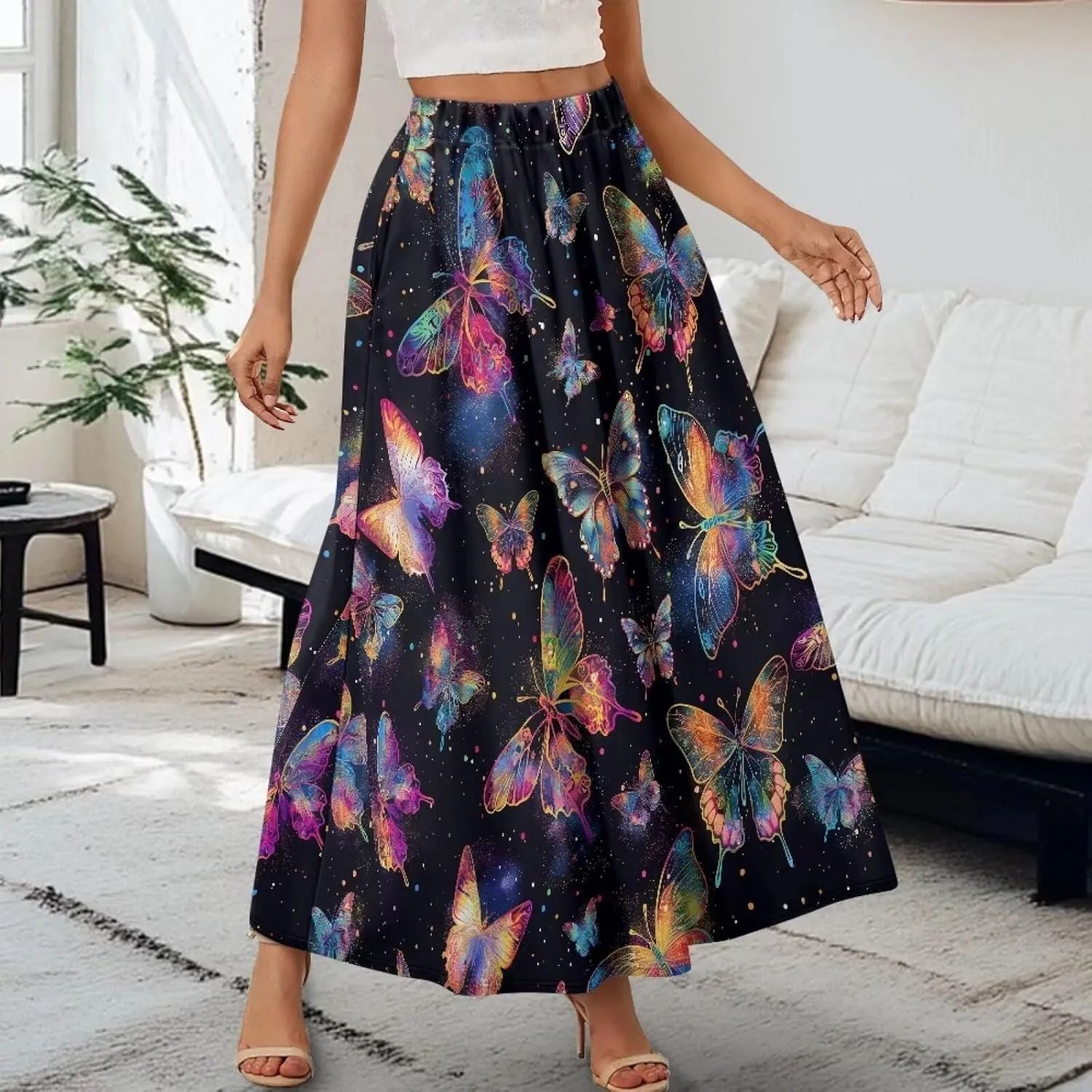 Womens Skirt Elastic High Waist A-Line Skirts for Dance Girls Soft Daily Wear Flowy Maxi Long Skirts for School