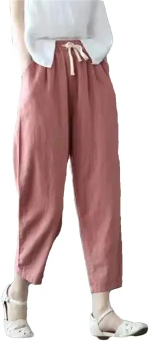 Women's Solid Color Cotton and Linen Pants Retro Loose Street Harem Casual High Waist Drawstring Pants