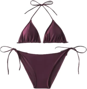 Women's Solid Color Halter Neck Tie - Side Bikini Set