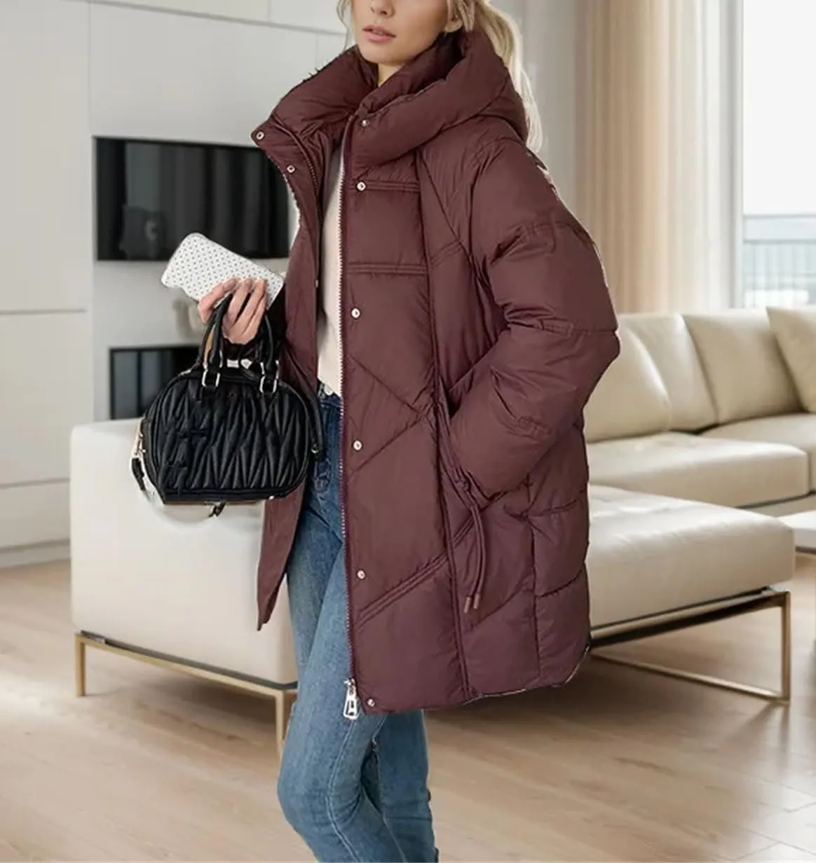 Women's Solid Hooded Solid Cotton-Padded Jacket Casual Thicken Warm Stripe Parka Coat