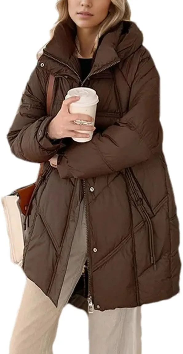 Women's Solid Hooded Solid Cotton-Padded Jacket Casual Thicken Warm Stripe Parka Coat
