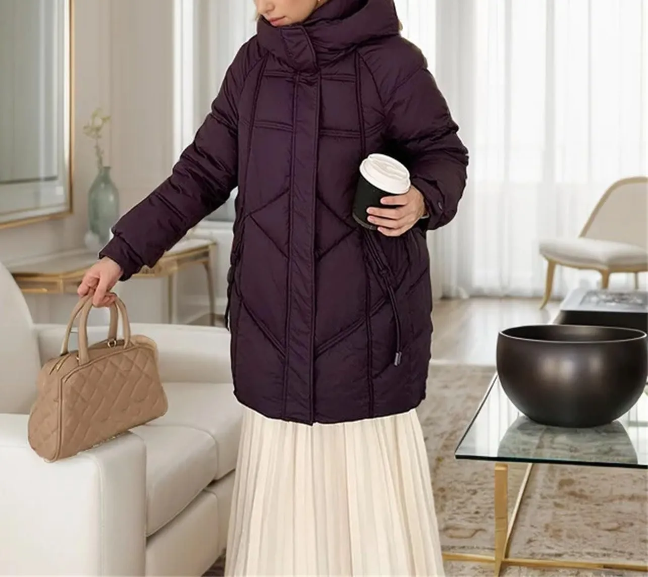 Women's Solid Hooded Solid Cotton-Padded Jacket Casual Thicken Warm Stripe Parka Coat