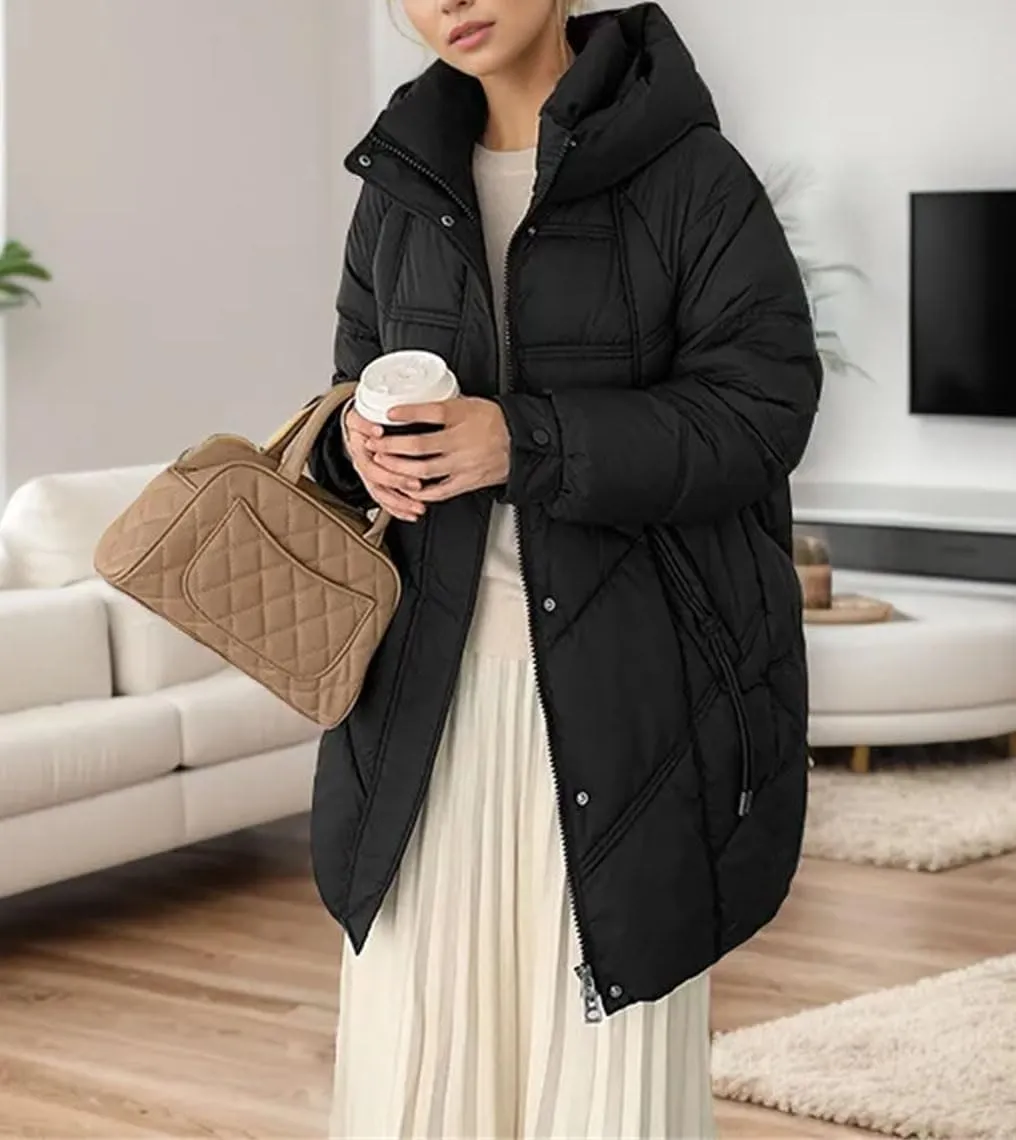 Women's Solid Hooded Solid Cotton-Padded Jacket Casual Thicken Warm Stripe Parka Coat