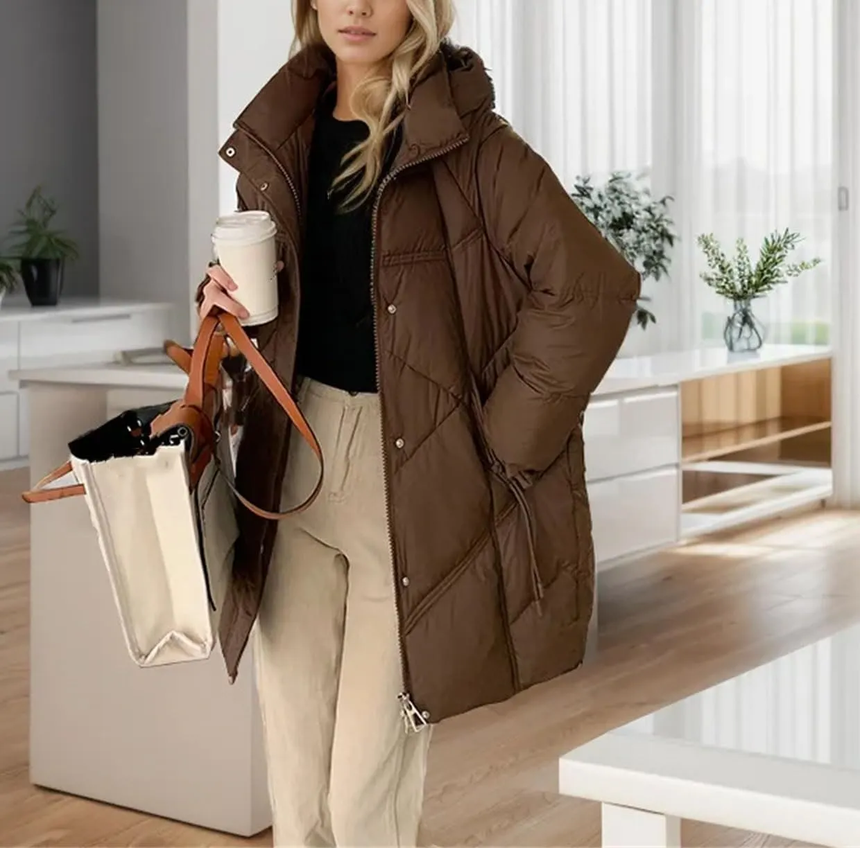 Women's Solid Hooded Solid Cotton-Padded Jacket Casual Thicken Warm Stripe Parka Coat