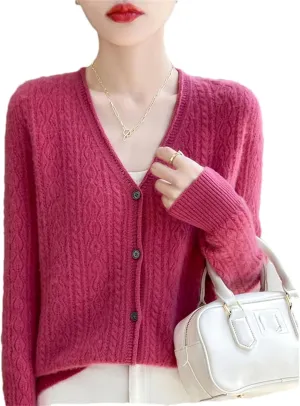 Womens Solid Merino Wool Cardigan Sweater V Neck Curl Twist Open Knit Base Layer Top Soft Jacket
