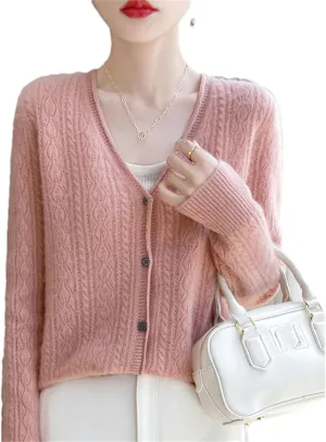 Womens Solid Merino Wool Cardigan Sweater V Neck Curl Twist Open Knit Base Layer Top Soft Jacket
