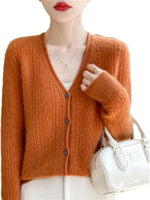 Womens Solid Merino Wool Cardigan Sweater V Neck Curl Twist Open Knit Base Layer Top Soft Jacket
