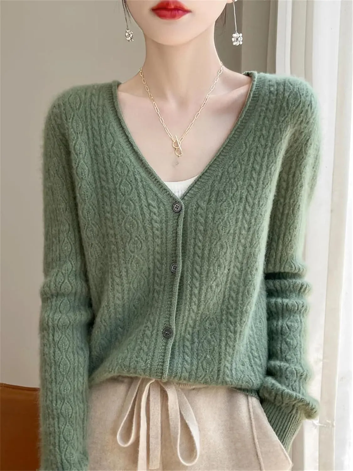 Womens Solid Merino Wool Cardigan Sweater V Neck Curl Twist Open Knit Base Layer Top Soft Jacket