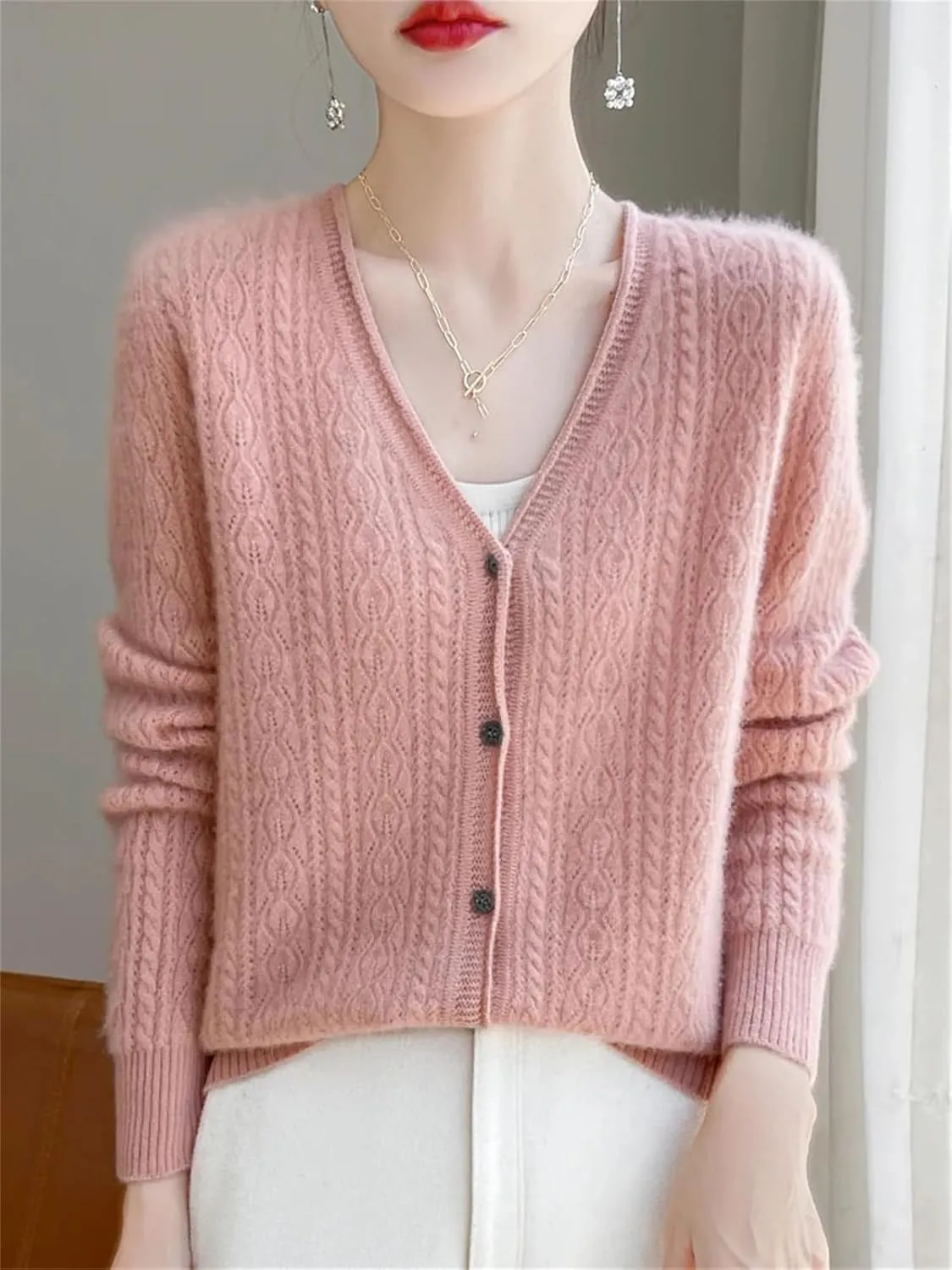 Womens Solid Merino Wool Cardigan Sweater V Neck Curl Twist Open Knit Base Layer Top Soft Jacket