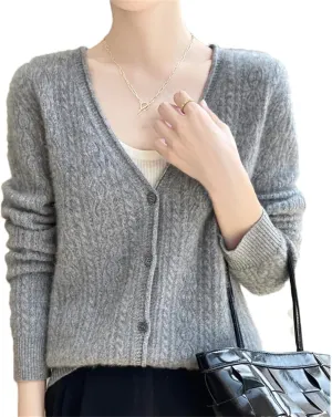 Womens Solid Merino Wool Cardigan Sweater V Neck Curl Twist Open Knit Base Layer Top Soft Jacket