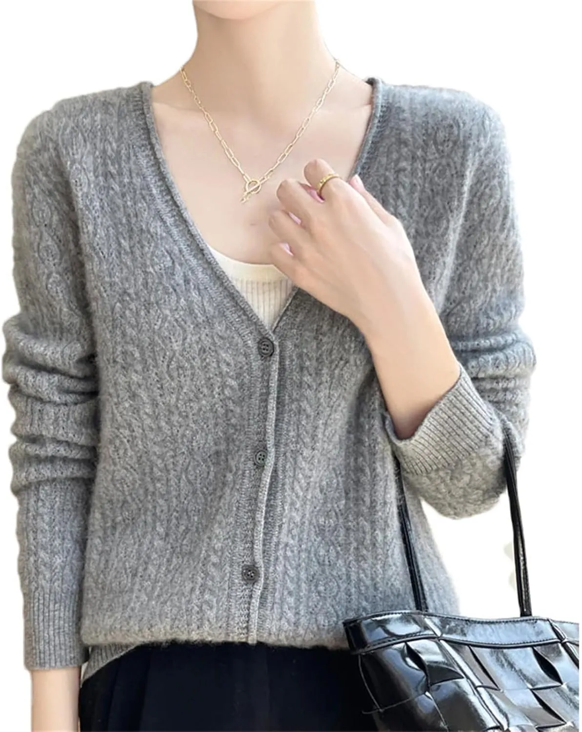 Womens Solid Merino Wool Cardigan Sweater V Neck Curl Twist Open Knit Base Layer Top Soft Jacket