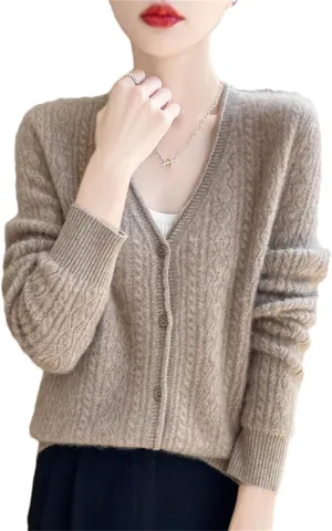 Womens Solid Merino Wool Cardigan Sweater V Neck Curl Twist Open Knit Base Layer Top Soft Jacket