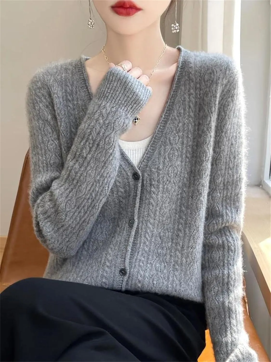 Womens Solid Merino Wool Cardigan Sweater V Neck Curl Twist Open Knit Base Layer Top Soft Jacket