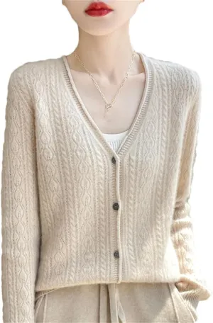 Womens Solid Merino Wool Cardigan Sweater V Neck Curl Twist Open Knit Base Layer Top Soft Jacket