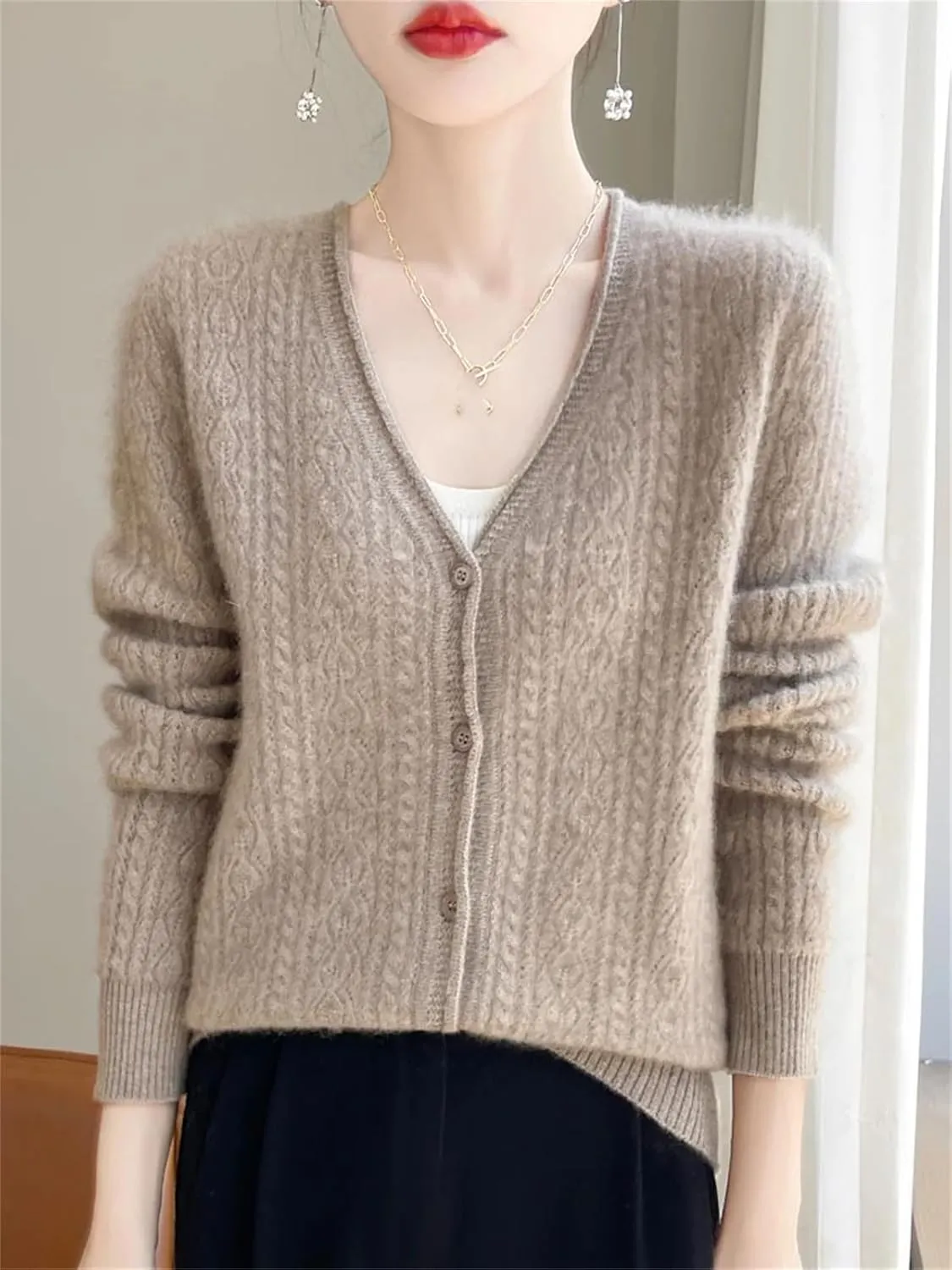 Womens Solid Merino Wool Cardigan Sweater V Neck Curl Twist Open Knit Base Layer Top Soft Jacket