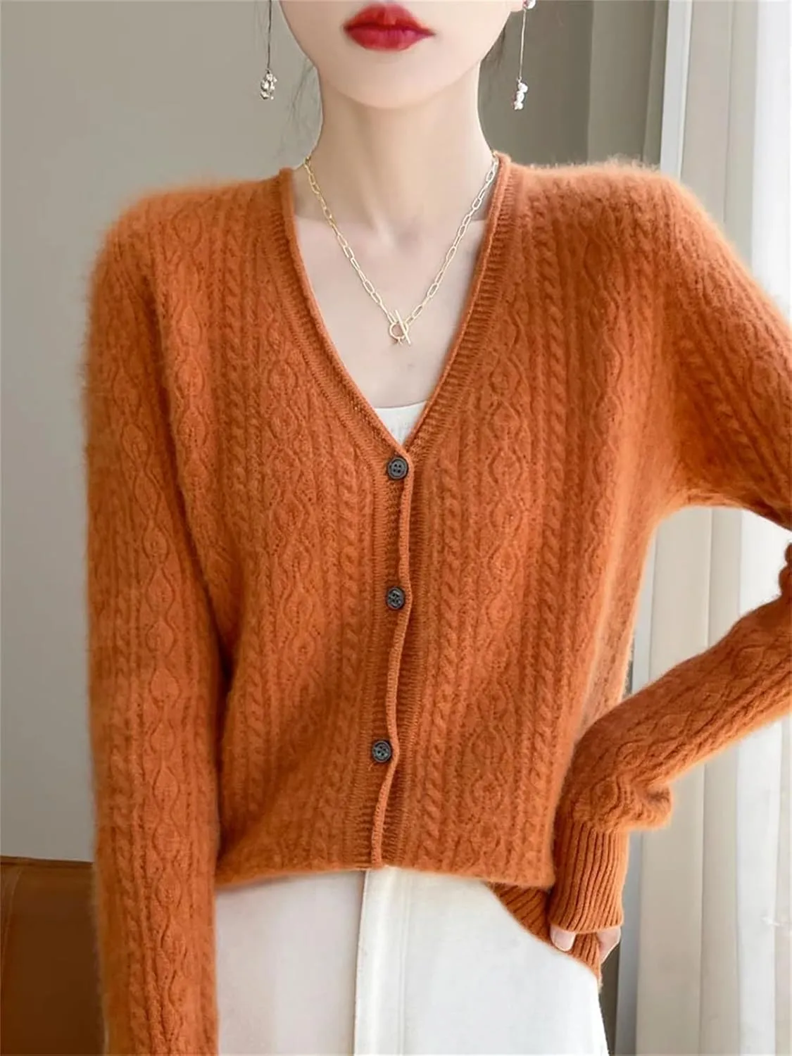Womens Solid Merino Wool Cardigan Sweater V Neck Curl Twist Open Knit Base Layer Top Soft Jacket
