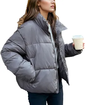 Women's Stand Collar Short Cotton-Padded Jacket Thicken Warm Casual Solid Parka Coat