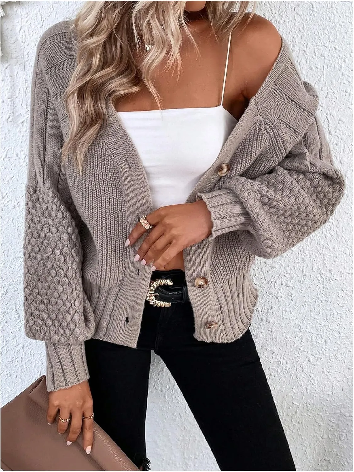 Women's Textured Knit Button Down Cardigan Sweaters Long Bishop Sleeve V Neck Outerwear