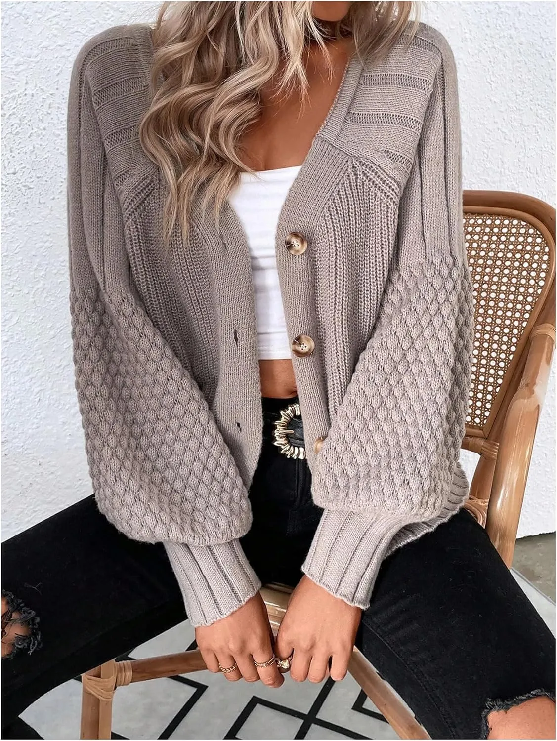 Women's Textured Knit Button Down Cardigan Sweaters Long Bishop Sleeve V Neck Outerwear