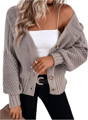 Women's Textured Knit Button Down Cardigan Sweaters Long Bishop Sleeve V Neck Outerwear