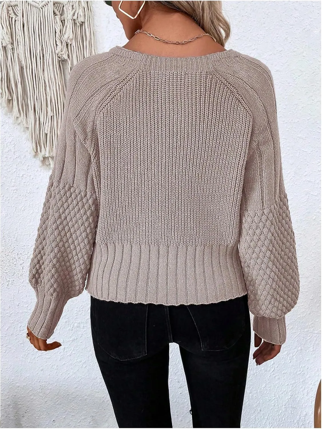 Women's Textured Knit Button Down Cardigan Sweaters Long Bishop Sleeve V Neck Outerwear