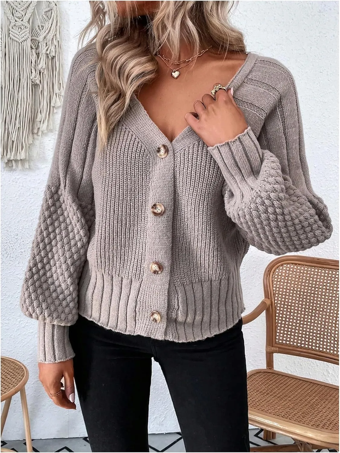Women's Textured Knit Button Down Cardigan Sweaters Long Bishop Sleeve V Neck Outerwear