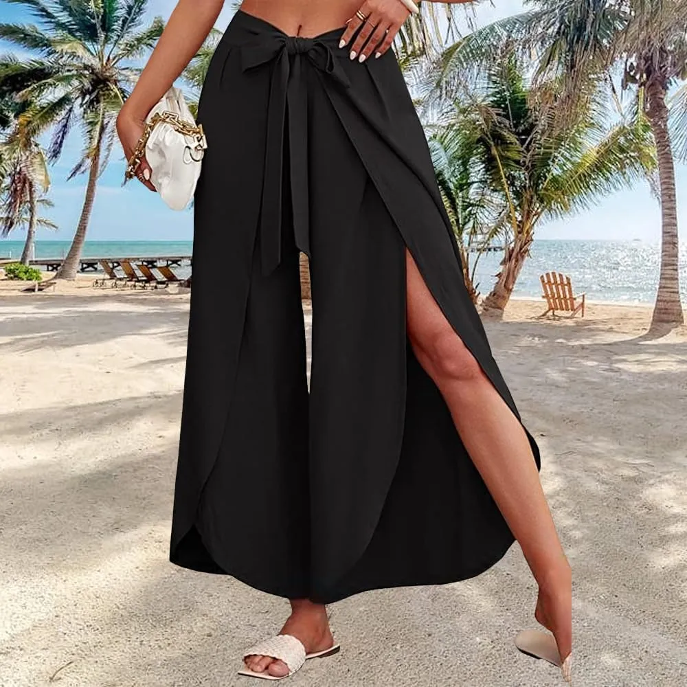 Women's Tie Belted Wide Leg Linen Capri Pants Summer High Waist Irregular Split Hem Palazzo Cropped Pants