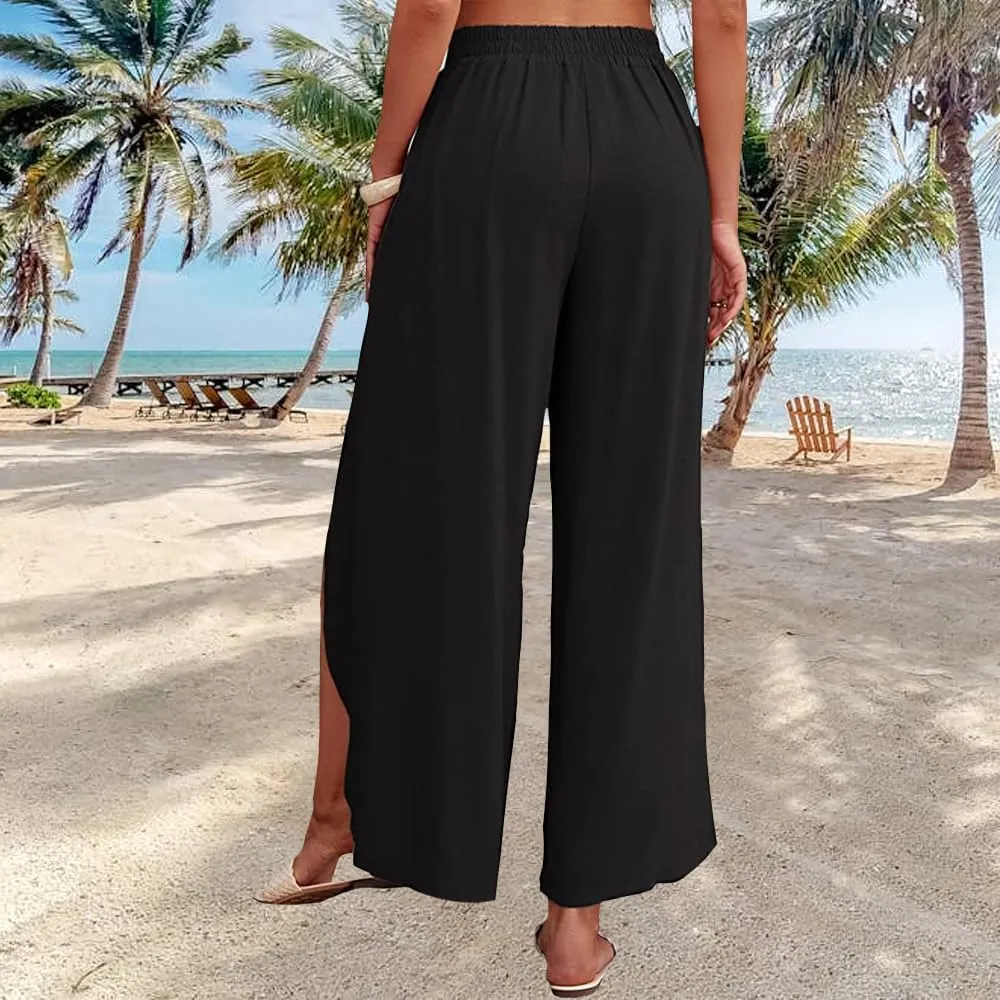 Women's Tie Belted Wide Leg Linen Capri Pants Summer High Waist Irregular Split Hem Palazzo Cropped Pants