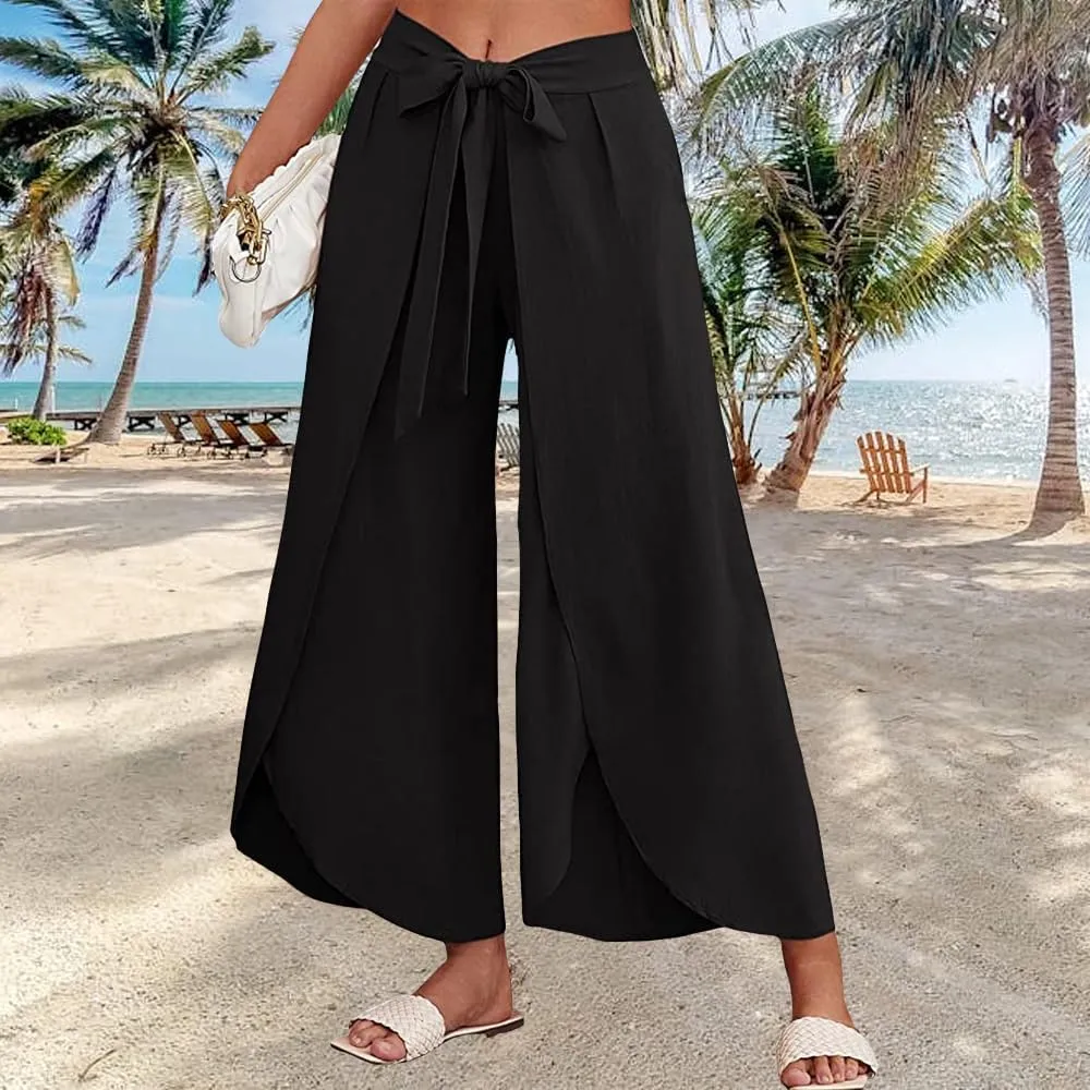 Women's Tie Belted Wide Leg Linen Capri Pants Summer High Waist Irregular Split Hem Palazzo Cropped Pants