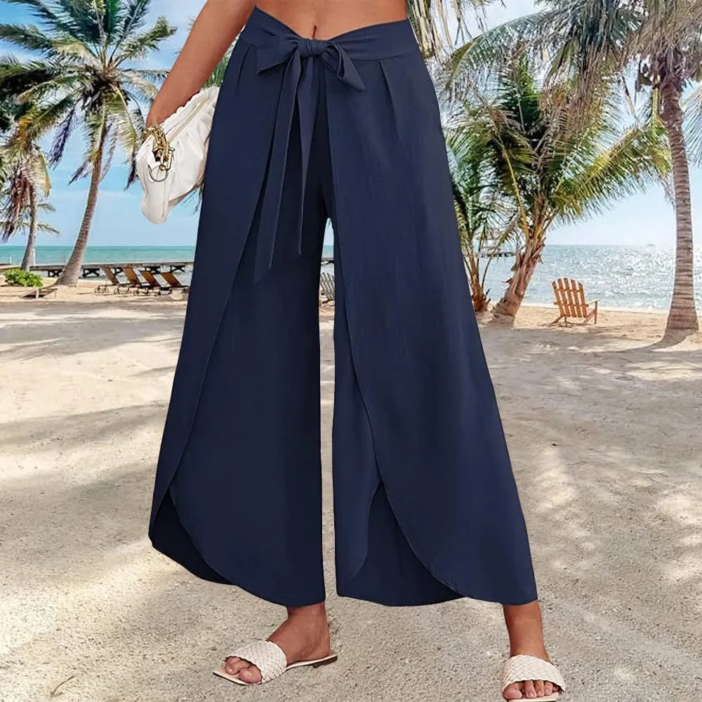 Women's Tie Belted Wide Leg Linen Capri Pants Summer High Waist Irregular Split Hem Palazzo Cropped Pants