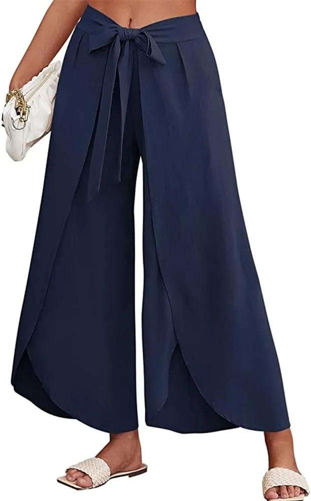 Women's Tie Belted Wide Leg Linen Capri Pants Summer High Waist Irregular Split Hem Palazzo Cropped Pants