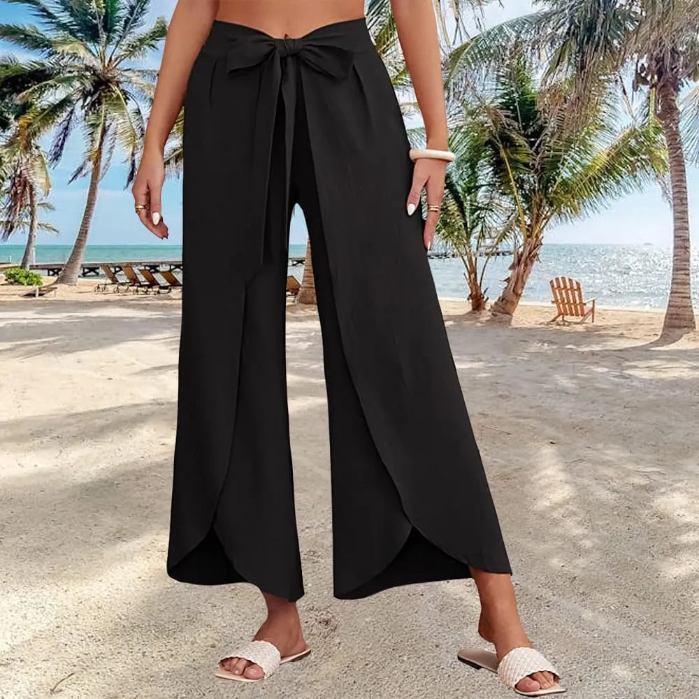 Women's Tie Belted Wide Leg Linen Capri Pants Summer High Waist Irregular Split Hem Palazzo Cropped Pants