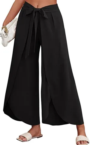 Women's Tie Belted Wide Leg Linen Capri Pants Summer High Waist Irregular Split Hem Palazzo Cropped Pants